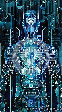 Illustration of a circuit board pattern forming the silhouette of a robot emphasizing the connection between AI and electronics Stock Photo