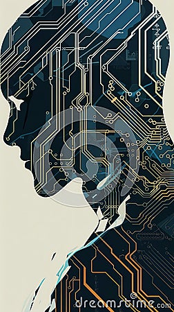 Illustration of a circuit board pattern forming the silhouette of a robot emphasizing the connection between AI and electronics Stock Photo