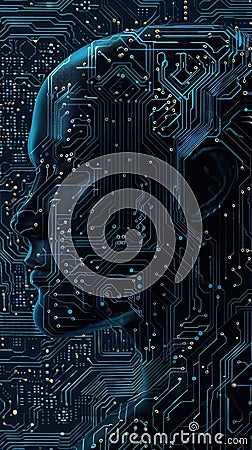 Illustration of a circuit board pattern forming the silhouette of a robot emphasizing the connection between AI and electronics Stock Photo