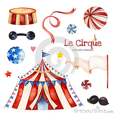 Illustration with circus tent,candy,balls,garland,moustaches,ribbon,flag banner Stock Photo