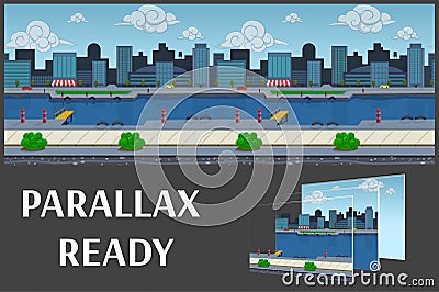 Illustration of a city landscape ,with buildings and river, vector unending background with separated layers. Vector Illustration