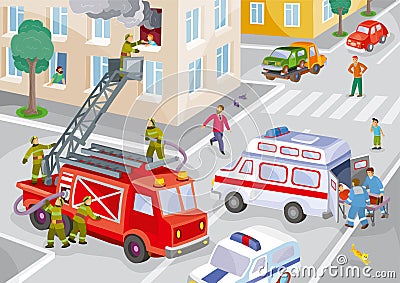 Illustration of a city in one house on fire, firefighters rescue a child from the window, an ambulance picks up the wounded, a lot Vector Illustration