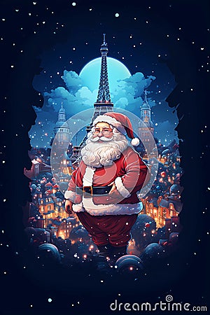 Illustration of the city of Paris at Christmas, France Cartoon Illustration