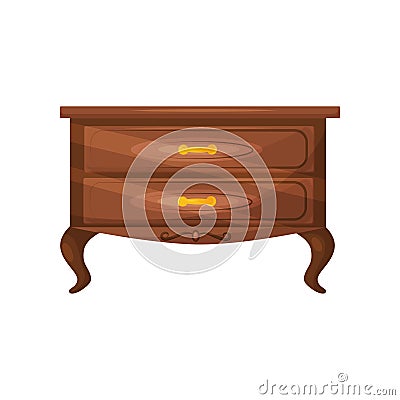 Classic chest of drawers with golden handles. Furniture for bedroom. Wooden commode. Object for home interior. Flat Vector Illustration