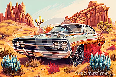 An Illustration of classic muscle car in the desert, AI-generated image Stock Photo