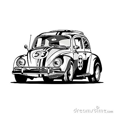 Illustration of a classic Volkswagen Beetle Herbie love bug car cartoon vector black and white Vector Illustration