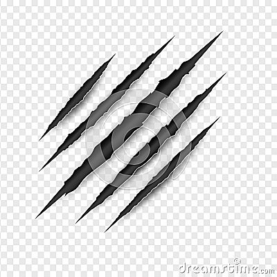 Illustration of Claws scratches isolated on transparent white background. Creative paper craft and cut style.Scary laceration Vector Illustration