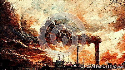 illustration of climate change process, dark clouds overcoming the sky with industry, ai generated image Cartoon Illustration