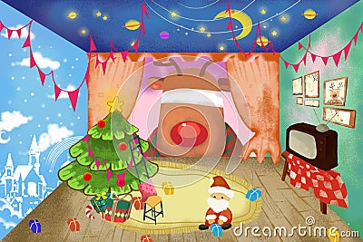 Illustration / Clip Art Set: Little Santa Claus want Give His Deer a Happy Christmas with Surprise! Stock Photo