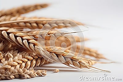 Illustration of a close-up of golden spikelets and grains of wheat on a white background. Generative AI Stock Photo