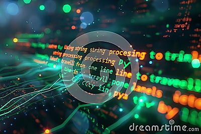 Illustration of closeup of computer code on the screen, with 