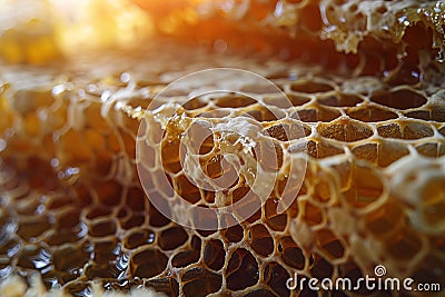 A closeup of honeycomb, filled with rich colors and patterns. the detailed texture showcases the unique structure of each cell in Cartoon Illustration