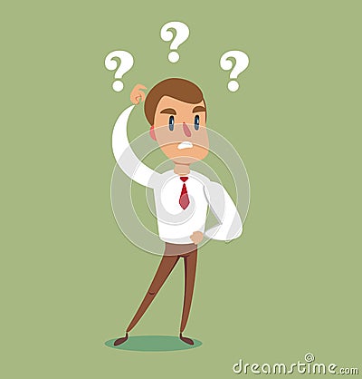 Illustration of a clueless cartoon businessman with three question marks above his head. Vector Illustration