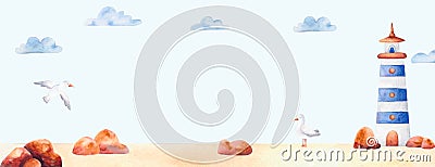 Illustration of coast with lighthouse, gull, clouds. Watercolor travel banner Stock Photo