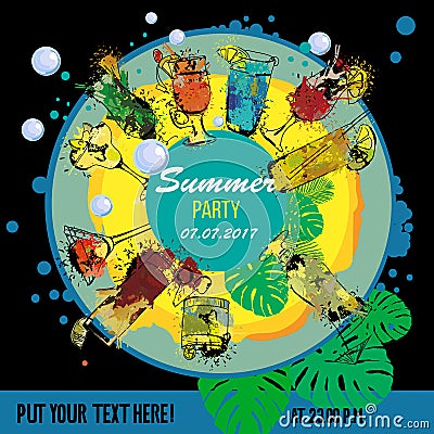 Illustration of Cocktail party poster designer. Template for bar menu. Alcohol, Summer drinks. Spray, spot watercolor Vector Illustration