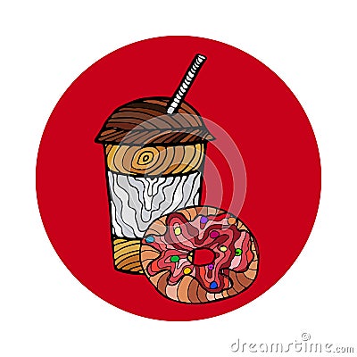 Illustration of a coffe or tea and donat cake. For greeting card Vector Illustration