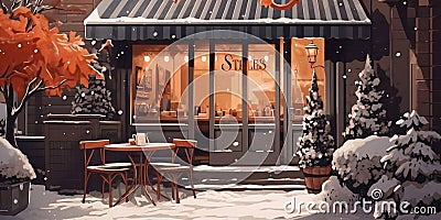 illustration of a coffee shop in the winter christmas season with a pumpkin spice latte on the table Cartoon Illustration