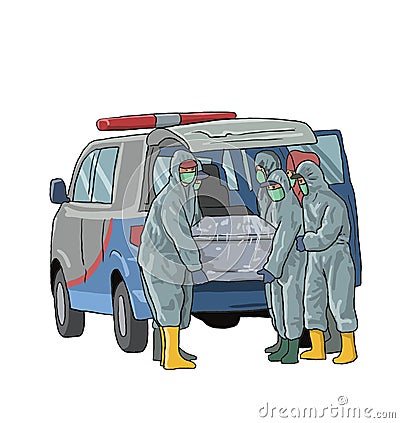 Illustration of the coffin is being lifted by some people from the ambulance Stock Photo