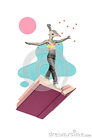 Illustration collage of chicken headless person woman dancing summer sale banner reading book supplies isolated on Stock Photo