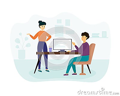 Illustration of colleagues discussing work on computer working as programmers Vector Illustration
