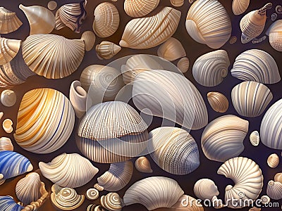 illustration of a collection of exotic seashells on a dark surround, background or wallpaper design. generative ai Cartoon Illustration