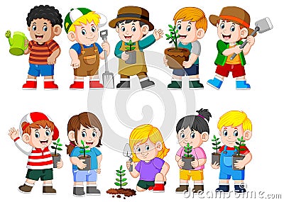 Collection of kids holding young green plant Vector Illustration