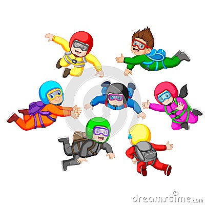 Collection of Skydiving with different position Vector Illustration