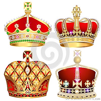 collection of various golden crowns, royal power with precious stones and pearls Vector Illustration