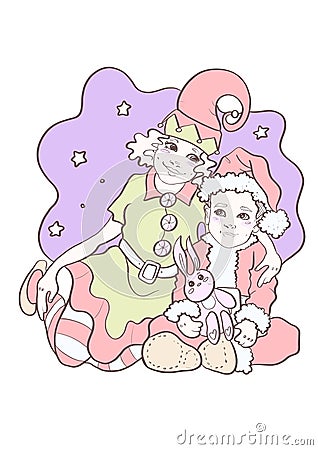 illustration color cartoon style new year holiday masquerade cute boy and girl siblings sitting in costumes of elves and gnomes Cartoon Illustration
