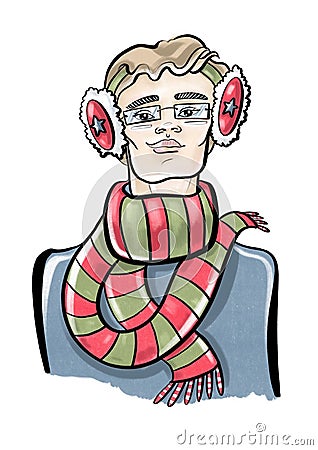 illustration color sketch cartoon style new year holiday male nerd in winter clothes and glasses scarf red-green image IT Cartoon Illustration