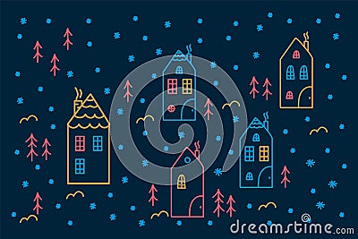 An illustration with colored tiny houses and Christmas trees. Beautiful linear background of a house, pine trees, trees Vector Illustration