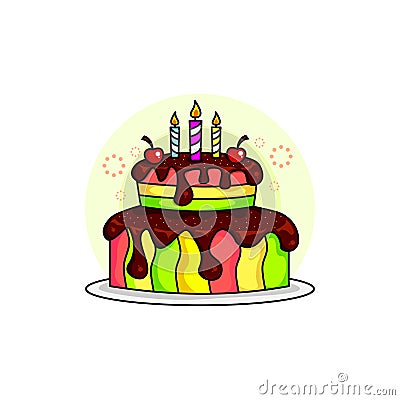 Illustration of a colorful birthday cake with melted chocolate Vector Illustration