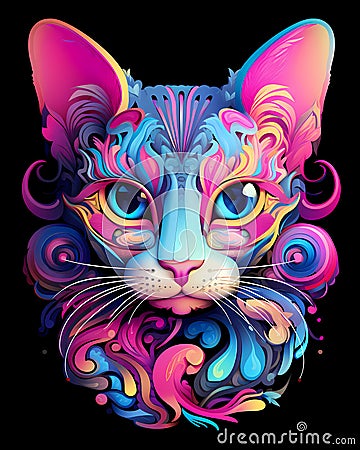Illustration of a colorful cat, artistic ornemental design in pop colors - Inspiring animals theme Stock Photo