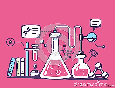 Illustration of colorful chemical laboratory flasks on re Cartoon Illustration