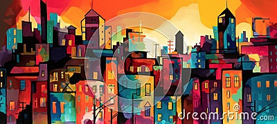 A Colorful Cityscape at Dawn Cartoon Illustration