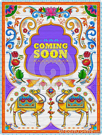 Colorful Coming Soon banner in truck art kitsch style of India Vector Illustration