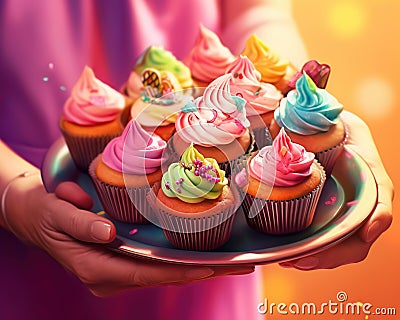 Illustration of colorful cupcakes in plate in hands Stock Photo