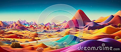 illustration of a colorful fantasy desert landscape with small mountains Cartoon Illustration