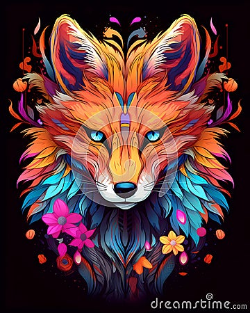 Illustration of a colorful fox, artistic ornemental design in pop colors - Inspiring animals theme Stock Photo