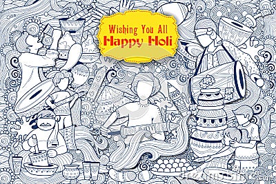 Happy Holi Doodle Background for Festival of Colors celebration greetings Vector Illustration