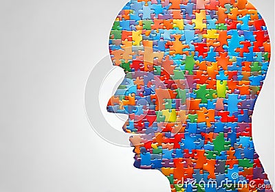 Illustration of a colorful head full of puzzles. Stock Photo