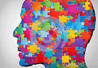 Illustration of a colorful head full of puzzles. Stock Photo