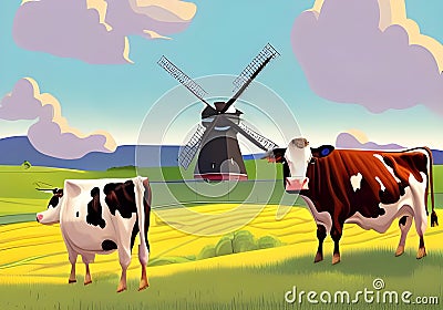 Illustration of a Colorful and idyllic countryside with Two Grazing Cows, Windmill, and Blue Sky With clouds Stock Photo