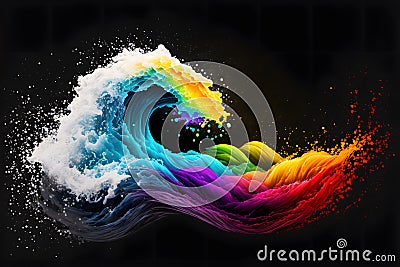 Illustration of a colorful ocean wave. Abstract painting splash on the black background. Stock Photo