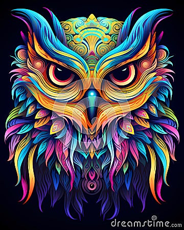 Illustration of a colorful owl, artistic ornemental design in pop colors - Inspiring animals theme Stock Photo