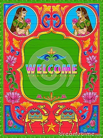 Colorful welcome banner in truck art kitsch style of India Vector Illustration