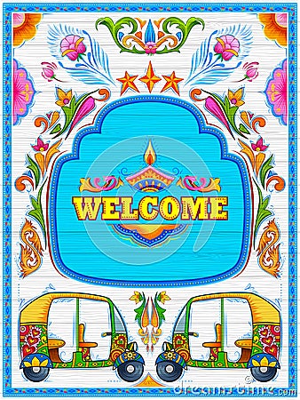 Colorful Welcome banner in truck art kitsch style of India Vector Illustration