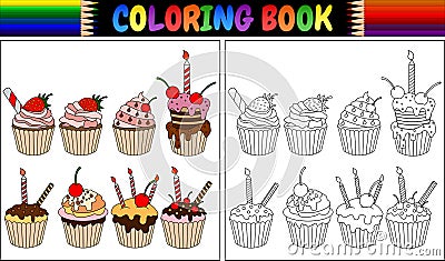 Coloring book cupcake with candles and fruits Vector Illustration