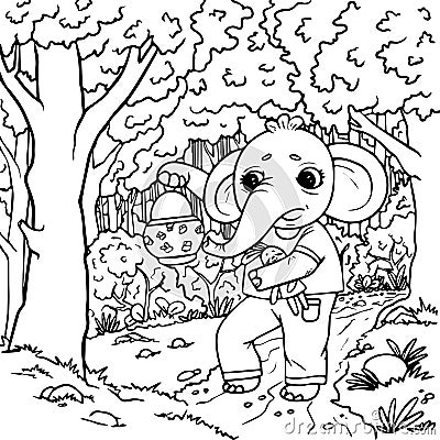 elephant walks through the forest at night with a lantern Vector Illustration