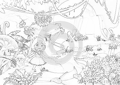 Illustration: Coloring Book Series: Walking Through the Mountains. Soft thin line. Print it and bring it to Life with Color! Stock Photo